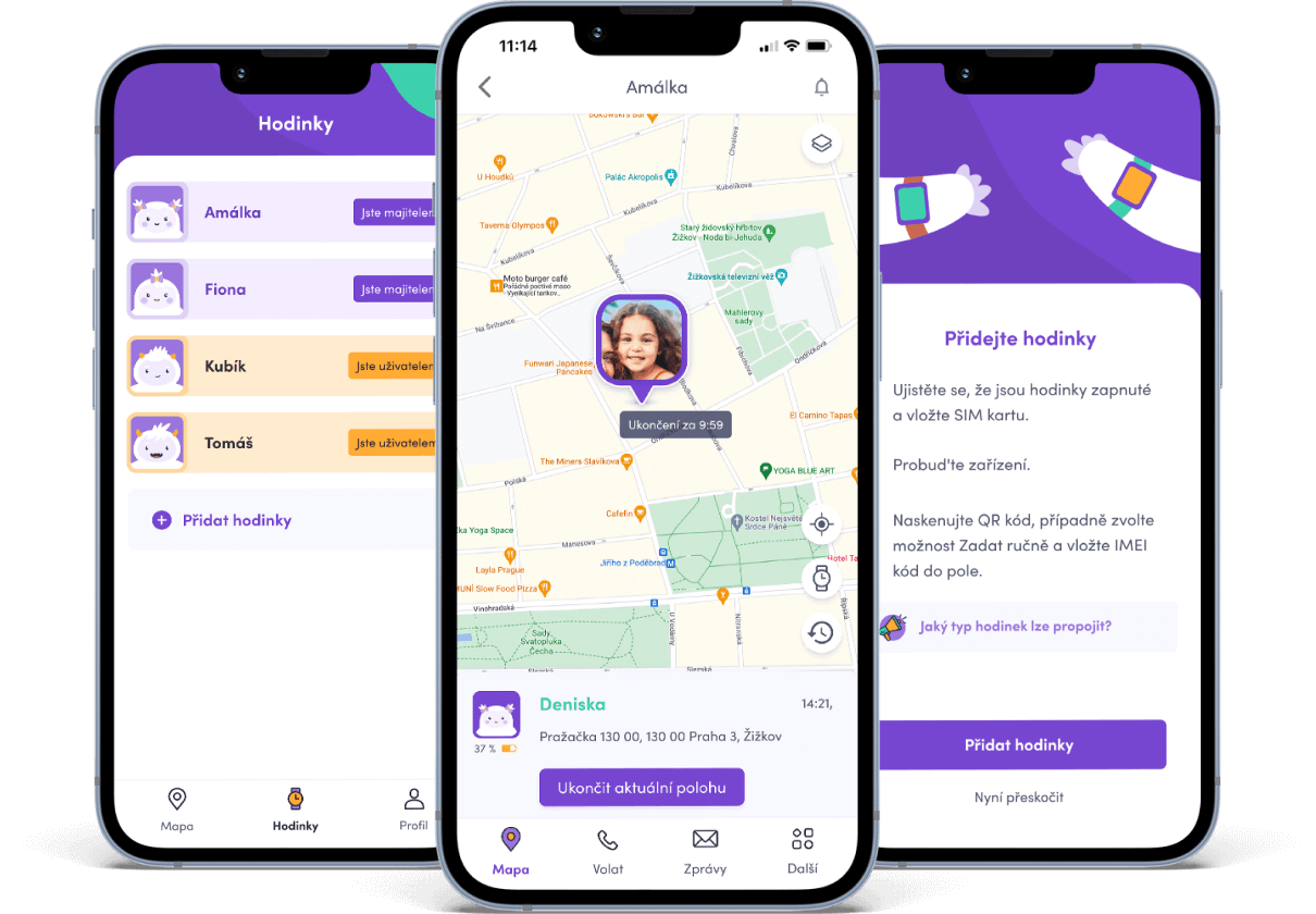 Findee Kids app screens: map, safe zones, calling and messages
